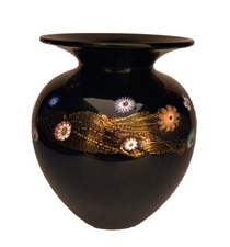 Ken & Ingrid HANSON Art Glass Blossom Vase Black & Millefiori 7