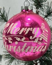 Vintage Big Franke Shiny Brite Pink Glass Bells Holly Merry Christmas Ornament picture