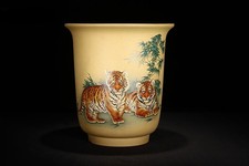 8.9in Chinese Vintage Yixing Zisha Flower Pot, Handmade Tigers Painting Bonsai picture