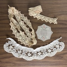 Misc Lot Of Vintage Lace Ribbon Crocheted Flowers White Cream Pink picture