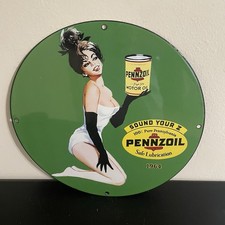 VINTAGE PENNZOIL LADY GREEN GASOLINE OIL PORCELAIN SIGN picture
