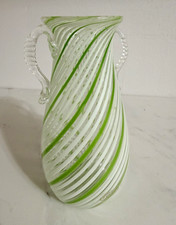 Vintage Mid Century Murano Style Green Latticino Swirl Art Glass Vase 1950s MCM picture