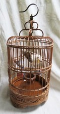Vintage Chinese Bamboo Bird Cage Carved Wood Blue/White Porcelain Vase Feeders picture