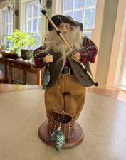 Fisherman Santa Claus Doll Plaid Flannel and wool Fish Basket fish pole 13