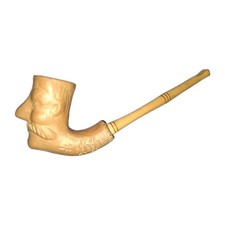Vintage Carved Face Tobacco Pipe Long Stem Unused Mustache Man Clay Wood  picture