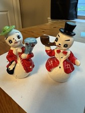Vintage Artmark Japan Ceramic Christmas Snowmen Salt And Pepper Shakers, Smoking picture