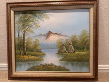Vintage Signed Native American Inspired Landscape Painting 29x26 picture