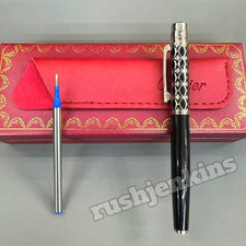 CARTIER Black Rollerball Pen Silver Tone Circle Pattern Cap w/ Box & Refill picture
