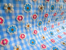 Vintage Flocked Flowers Blue Gingham Novelty Floral Cotton Fabric 2 Yards picture