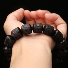 15mm Ebony Wood Six Words Mantra Buddhist Bead Bracelet Barrel Beads picture