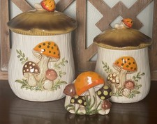 Vintage 1970s Merry Mushroom Ceramic Canister Set 3 Pc Orange Brown Retro picture