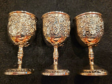 Set of 3 Silver Metal Floral Embossed Pedestal Shot Cordial Glasses 1 oz picture