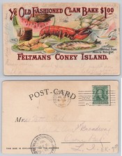 Feltman's Coney Island Clam Bake Lobster Postcard 1907 Posted New York picture