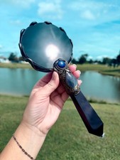 10” Black Obsidian Scrying Mirror Wand Labradorite Crystal Divination Tool USA picture