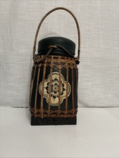 Vintage Thai Rice Basket /Wooden Jar/Canister w/Woven Rattan Wrap & Handle Green picture