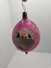 Vintage Teardrop Triple Indent Painted Cabin Poland Glass Christmas Ornament picture