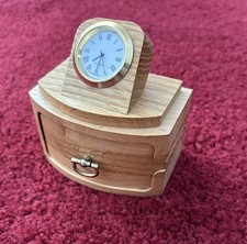 VTG 4” Handcrafted Wooden Decorative Desk Clock w/ Drawer Modern Gold Bezel picture