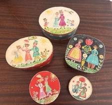 Vintage Wooden Band Box Hand Painted German Folk Art Volkskunst Boy Girl Set O 5 picture