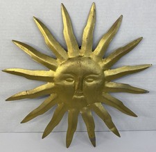 Vintage MCM Gold Sun Face Wall Decor Stamped Metal Celestial Sunburst 12” picture