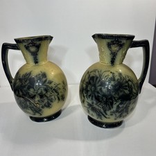 Antique Longton England Pottery Pitchers Pair Floral One Cracked Display Lot picture