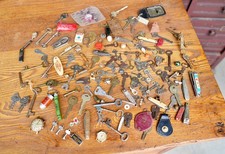Antique Junk Drawer Lot Vintage Keys Pocket Knives Watches Trinkets Bells picture