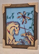 Vintage 1970s 80s Glitter Unicorn Wall Art Framed Mythical Horses Wood Frame picture