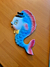 Vintage PY Fish Wall Plaque Hanging Top Hat Gem Eye Blue Red Ceramic Bathroom 🐟 picture