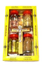 1 X Holy Water / Earth / Incense / Oil & Genuine Olive Wood Cross from the Holy picture