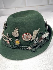 Vintage German Tyrolean Alpine Oktoberfest Hat with Feather + 17 Rare Pins picture