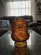 Vtg Indiana Glass Amber Stars & Bars  Fairy Lamp Candle Holder Bottom Broken picture