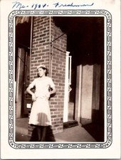 Beautiful Young Woman Posing on Brick Building Americana 1930s Vintage Photo picture