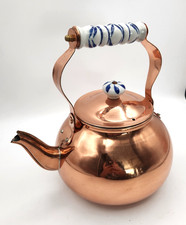 Vintage Copper Tea Kettle Blue and White Delft-Style Porcelain Handle Unused picture