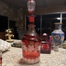 Antique Bohemian Decanter Ruby Red Etched to Clear w/Stopper Grape Vine Pattern  picture