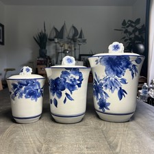 Cracker Barrel Blue & White Peony Canister Porcelain Lids Chinoiserie Rare 3pc picture