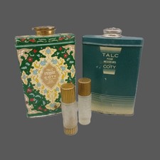 Vtg Coty Vanity Lot: Emeraude & Pour Messieurs Talc Tins, Mini Perfume Bottles picture