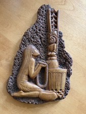 Vintage Hawaiian Lava Wall Plaque “Island Maiden” Girl Offering to the God Lono picture