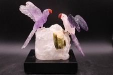 Peter Muller Hand Carved Amethyst, Quartz, & Fluorite Macaw Pair on Tourmaline picture