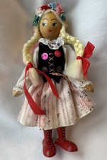 Vintage Gromada Polish Wooden Costume  Doll Girl With Black Vest Flowers Braids picture