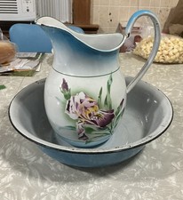 RARE PASTEL BLUE FLORAL WASH BASIN & PITCHER NM ENAMELWARE GRANITEWARE ANTIQUE picture