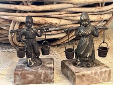 VTG Brass Bronze Dutch Boy Girl Figurines Water Buckets Marble Base Pair 4.5