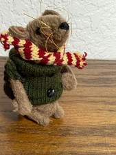 Handmade Felted Miniature Mouse Figurine in Green Sweater w Red and White Scarf picture