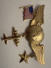 Vtg Signed JJ Jonette Jewelry Gold Tone Aviator Wings Globe Flag Charm Brooch picture