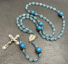 VTG Sterling Medal Rosary Blue Crystal Faux Turquoise Bead Silver Tone Cross 24” picture