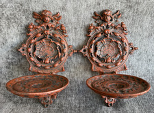 Pair Vintage Cast Metal Cherub Folding Wall Sconces Shelves Plant Holders picture