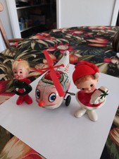 Santa Vintage Tin Helicopter And Two Chirstmas Girl Figurines With Faux Hair picture