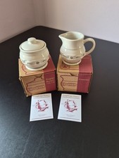 NIB Longaberger Pottery Woven Traditions Green Creamer & Sugar Set w/prod. cards picture