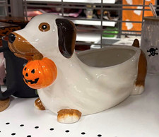 New Ghost Dachshund Dog Candy Dish/Planter Bowl w/ Jack-O-Lantern Pumpkin picture