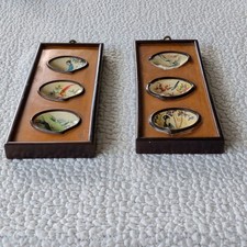 Vintage Oriental Kai-Awase Painted Clam Shell Framed Wall Art Panels - Set of 2 picture