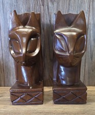 Vintage MCM Hand Carved Wood Siamese Cat  Figurines Bookends picture
