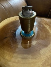 Vintage Georges Briard Brass Table Lighter With An Aqua Blue Accent Base 5.5” picture